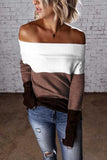 Sexy Off Shoulder Color Block Sweater Khaki