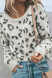 Casual Drop Shoulder Leopard Print Sweater Gray