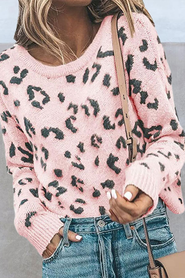 Drop Shoulder Leopard Print Sweater Pink