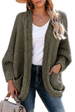 Open Front Batwing Sleeve Cable Knit Pocket Cardigan Sweater Olive