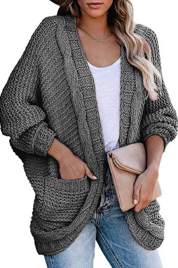 Open Front Dolman Sleeve Cable Knit Loose Cardigan Dark Grey
