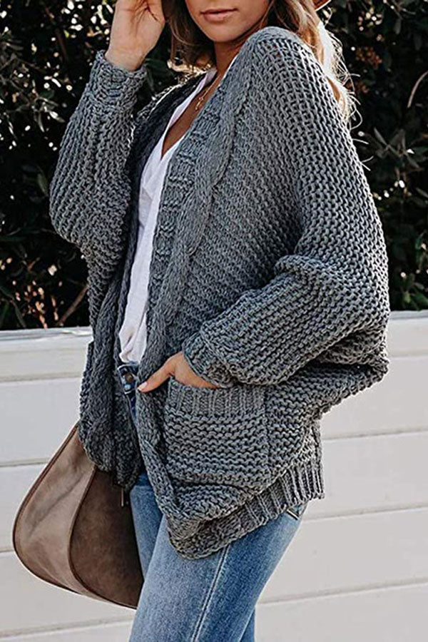 Open Front Dolman Sleeve Cable Knit Loose Cardigan Dark Grey
