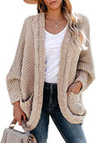Solid Dual Pocket Cable Knit Open Front Cardigan Khaki