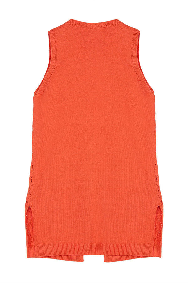 Solid Casual Open Front Sleeveless Long Cardigan Tangerine