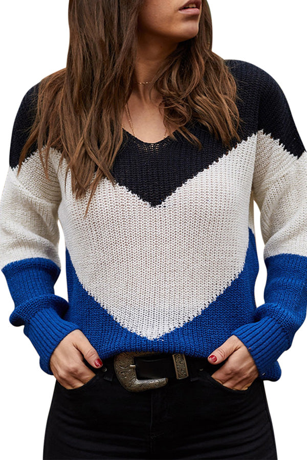 Womens V Neck Drop Shoulder Color Block Sweater Blue