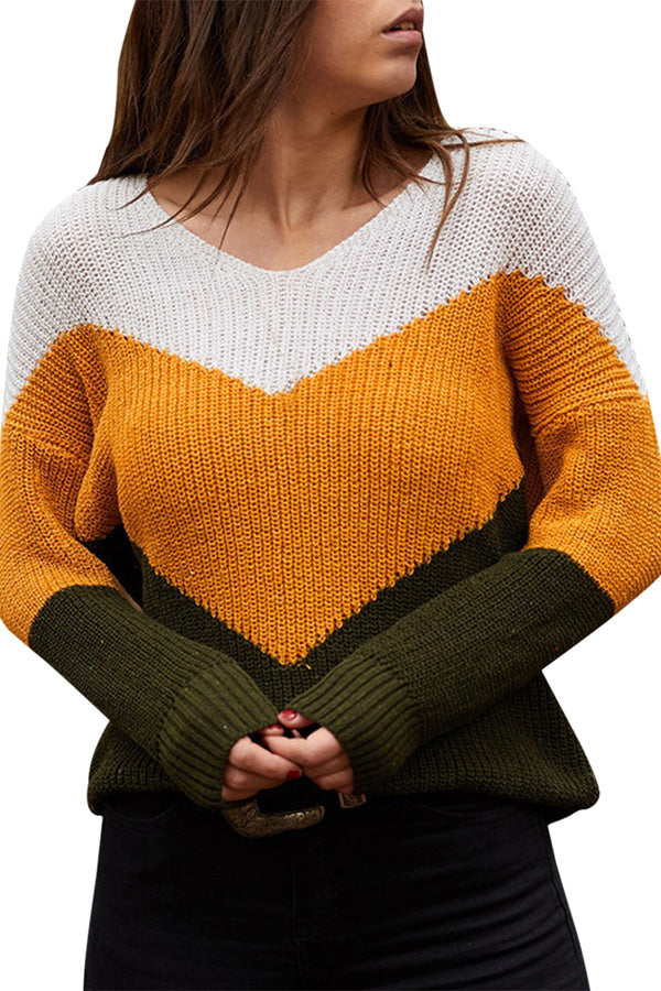 Long Sleeve V Neck Color Block Pullover Womens Sweater Yellow