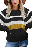 Casual Crew Neck Long Sleeve Stripes Sweater Black
