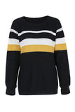 Casual Crew Neck Long Sleeve Stripes Sweater Black