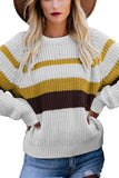 Crew Neck Long Sleeve Stripes Pullover Sweater White
