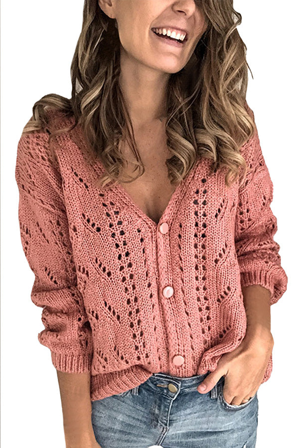Sexy V Neck Crochet Plain Pullover Sweater Pink