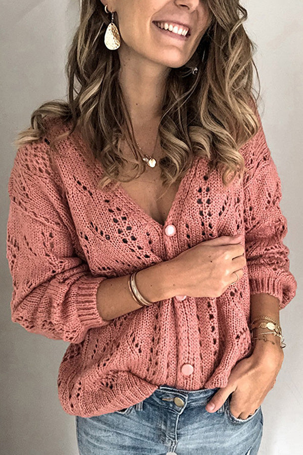 Sexy V Neck Crochet Plain Pullover Sweater Pink