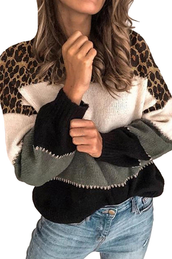 Crew Neck Long Sleeve Leopard Print Pullover Sweater Dark Grey