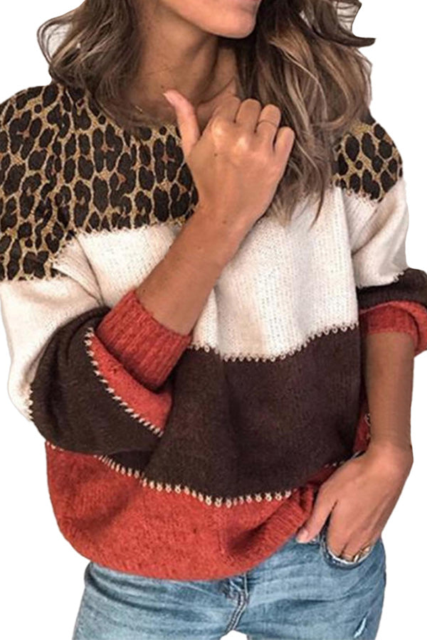 Color Block Drop Shoulder Leopard Womens Sweater Tangerine