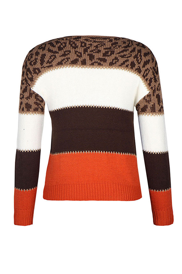 Color Block Drop Shoulder Leopard Womens Sweater Tangerine