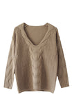 Cable Knit V Neck Plain Pullover Sweater Khaki