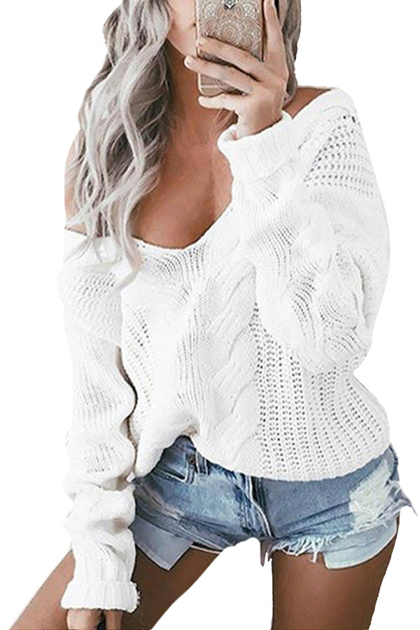V Neck Long Sleeve Cable Knit Womens Sweater White