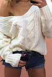 V Neck Long Sleeve Cable Knit Womens Sweater White