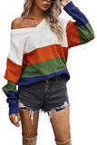 V Neck Drop Shoulder Wide Stripes Pullover Sweater Tangerine