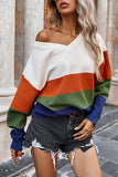 V Neck Drop Shoulder Wide Stripes Pullover Sweater Tangerine