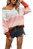 One Shoulder Color Block Womens Pullover Sweater Pink