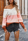 One Shoulder Color Block Womens Pullover Sweater Pink