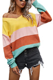 Casual Pullover Color Block V Neck Sweater Yellow