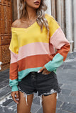 Casual Pullover Color Block V Neck Sweater Yellow