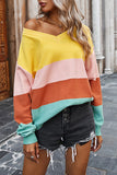 Casual Pullover Color Block V Neck Sweater Yellow