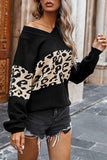 Leopard One Shoulder V Neck Womens Sweater Black