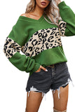 V Neck Drop Shoulder Leopard Print Sweater Green