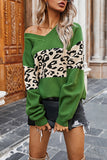 V Neck Drop Shoulder Leopard Print Sweater Green