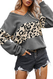 Long Sleeve V Neck Leopard Pullover Sweater Grey