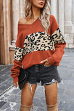 Casual One Shoulder Leopard Print Womens Sweater Tangerine