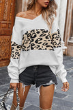 Sexy V Neck Leopard Pullover Womens Sweater White