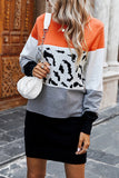 Long Sleeve Leopard Color Block Mini Sweater Orange