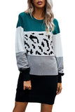 Crew Neck Leopard Color Block Pullover Sweater Dress Dark Green