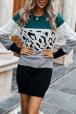 Crew Neck Leopard Color Block Pullover Sweater Dress Dark Green