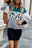 Crew Neck Leopard Color Block Pullover Sweater Dress Dark Green