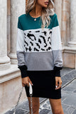 Crew Neck Leopard Color Block Pullover Sweater Dress Dark Green