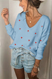 Long Sleeve Heart Print Cute V Neck Sweater