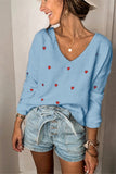 Long Sleeve Heart Print Cute V Neck Sweater