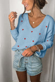 Long Sleeve Heart Print Cute V Neck Sweater
