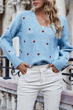Long Sleeve Heart Print Cute V Neck Sweater