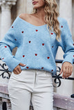 Long Sleeve Heart Print Cute V Neck Sweater
