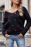 Ladies V Neck Long Sleeve Heart Black Sweater