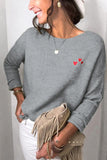 Drop Shoulder Heart Print Rib-Knit Gray Sweater