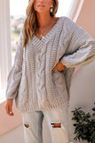 Lantern Sleeve V Neck Cable Knit Chunky Sweater