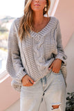 Lantern Sleeve V Neck Cable Knit Chunky Sweater