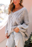 Lantern Sleeve V Neck Cable Knit Chunky Sweater