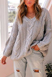 Lantern Sleeve V Neck Cable Knit Chunky Sweater